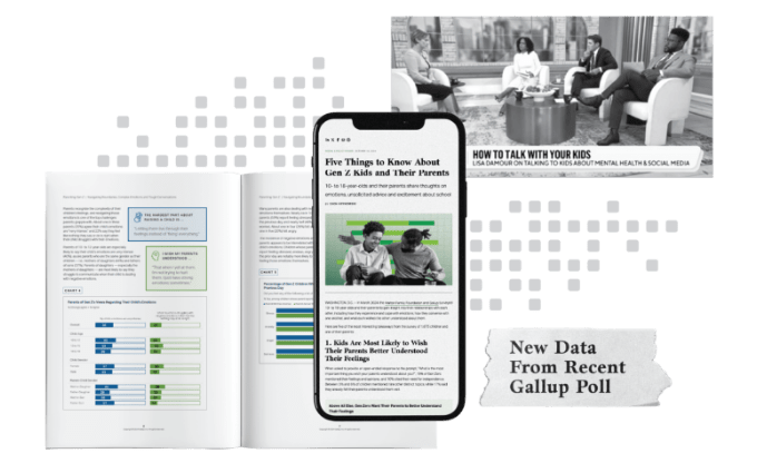 Graphic depicting Gallup News in the media with a collage of headlines and data graphics from a newspaper, a smartphone and a journal