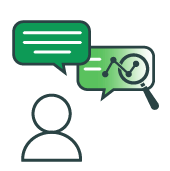 Icon with a stick figure person and chat bubbles over his head.